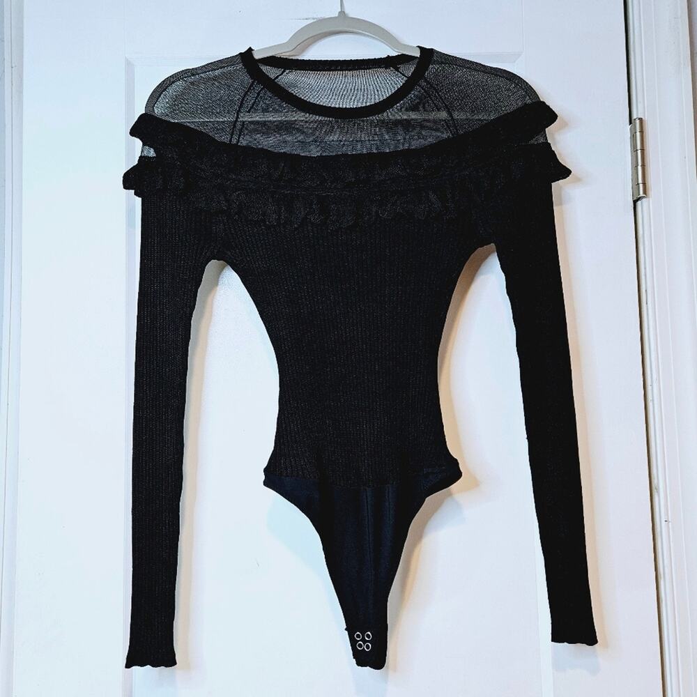 INTERMIX Mary Ruffle Mesh Long Sleeve Bodysuit